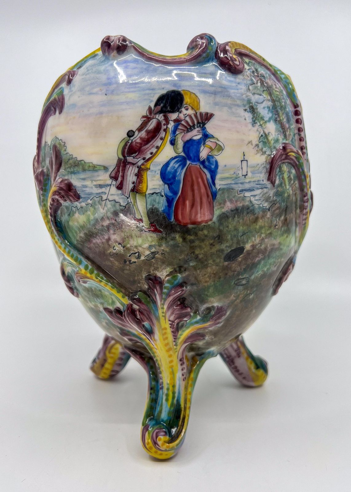 Pair Of Belle Epoque Porcelain Painted Jardinieres With Romantic Scenes photo vinterior