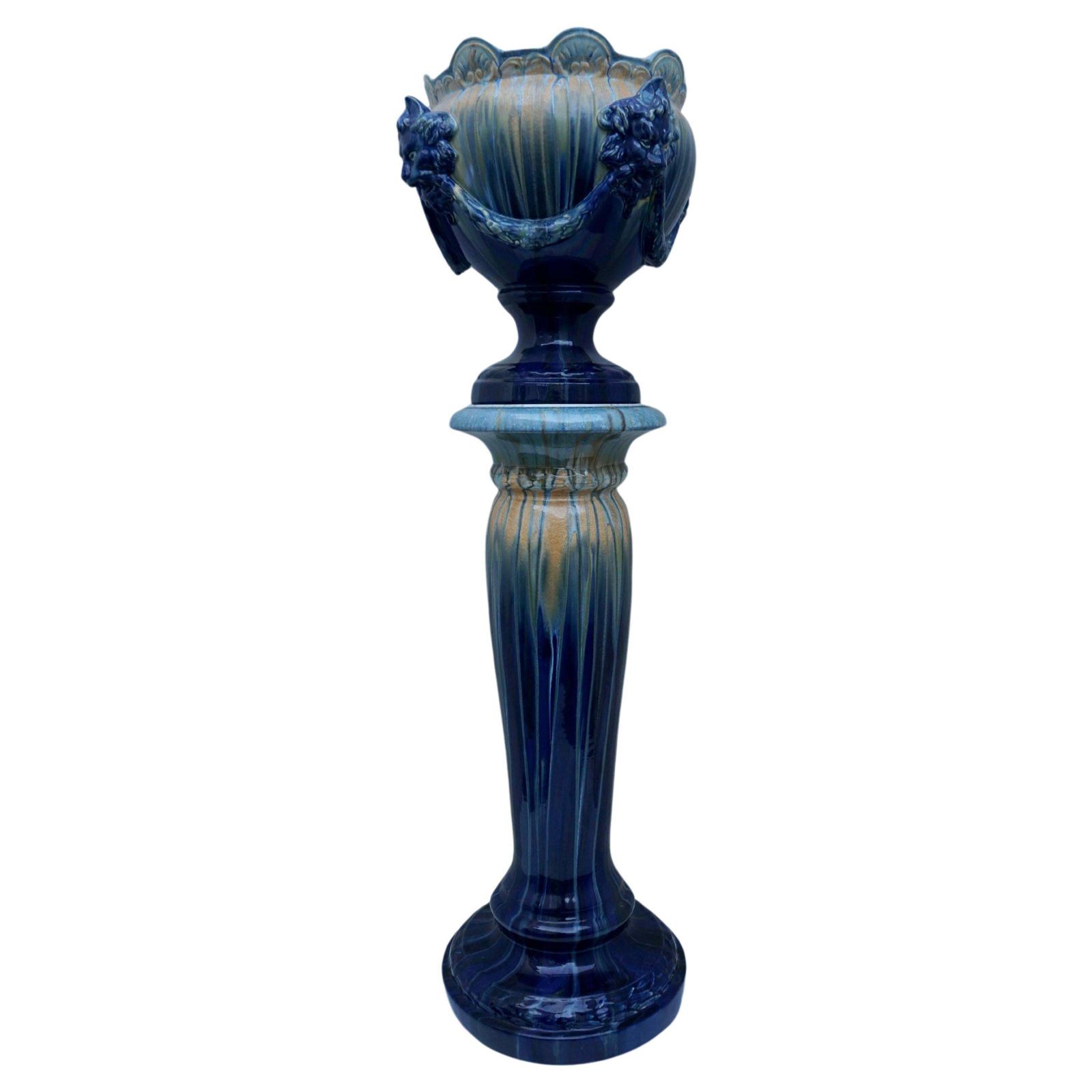 A Jardiniere On Column With Lion Head Decor In Flemish Earthenware Style