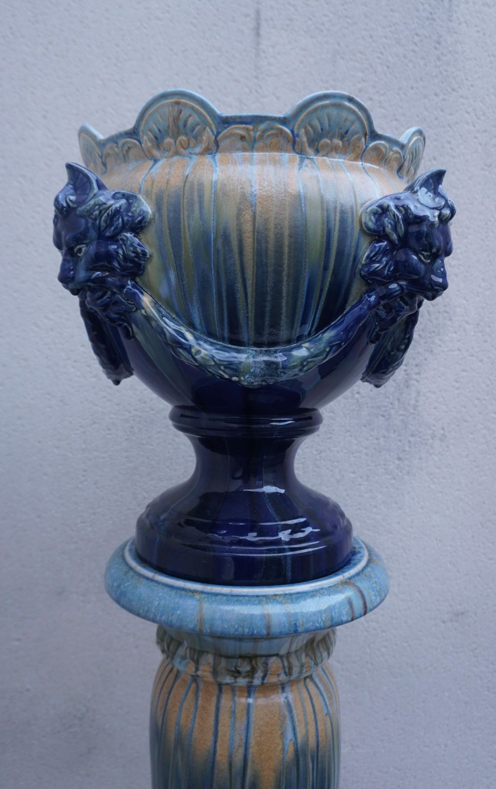 A Jardiniere On Column With Lion Head Decor In Flemish Earthenware Style photo for sale