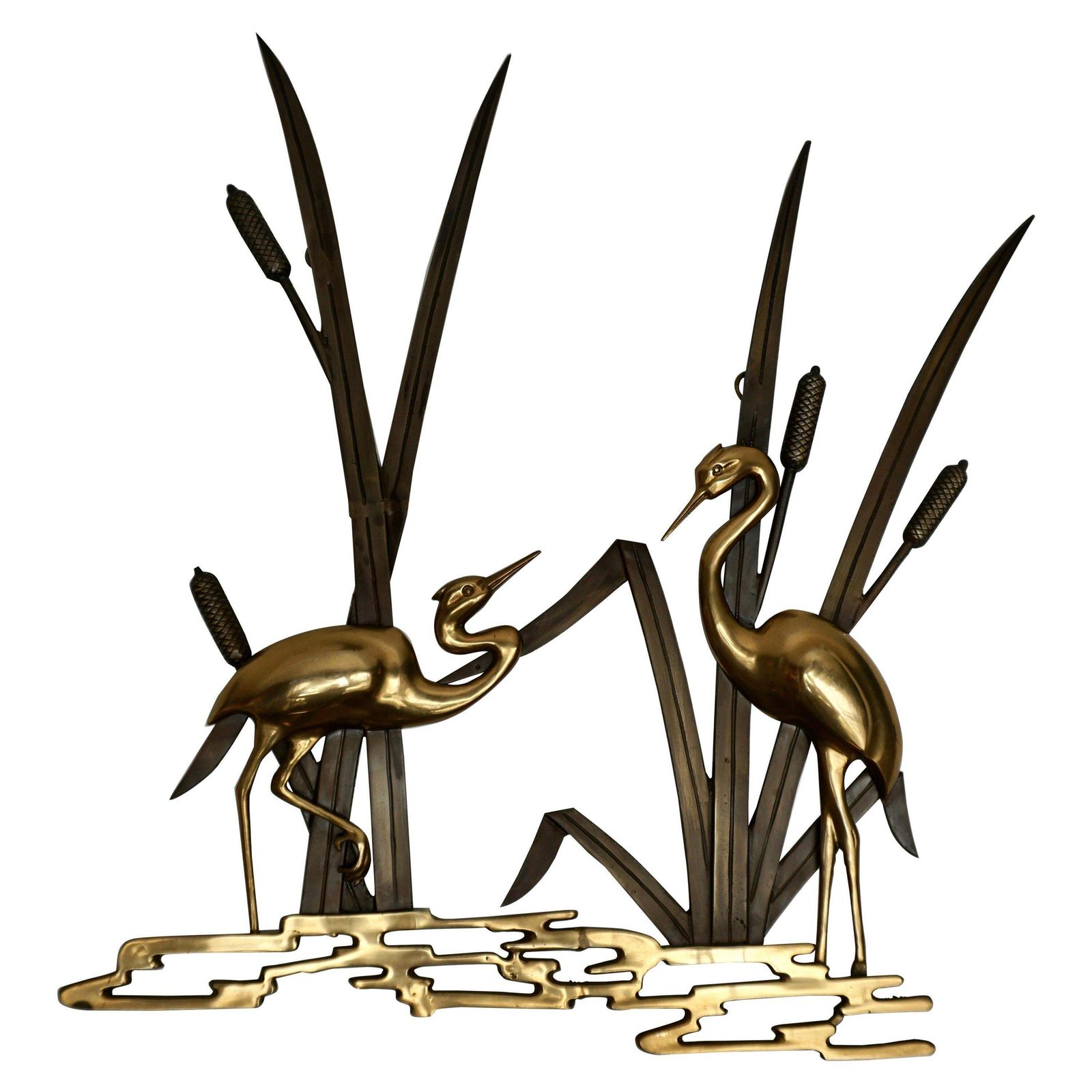 Landscape Crane Birds In Bronze And Brass Wall Decoration, 1960s