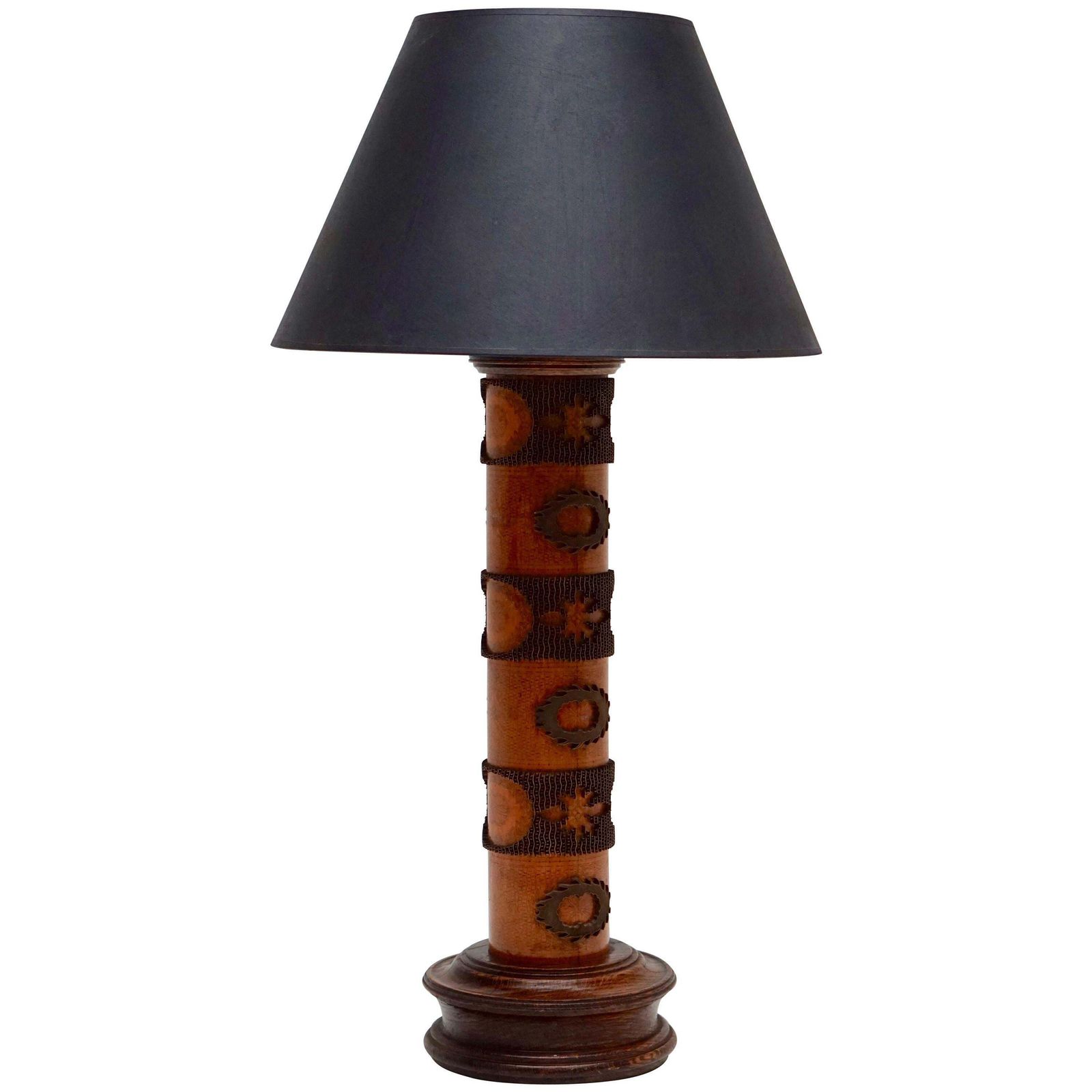 Table Lamp In Wood And Brass Made From An Old Stamp