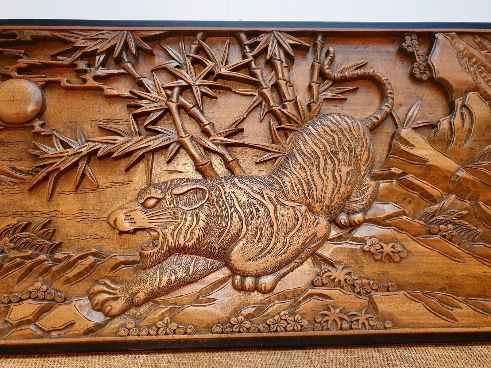 Chinese Carved Wood Wall Art From A Hunting Tiger photo vinterior