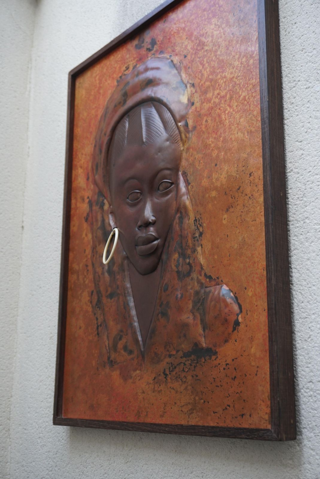 Beautiful Hammered Copper Bas Relief Of An African Woman photo vintage