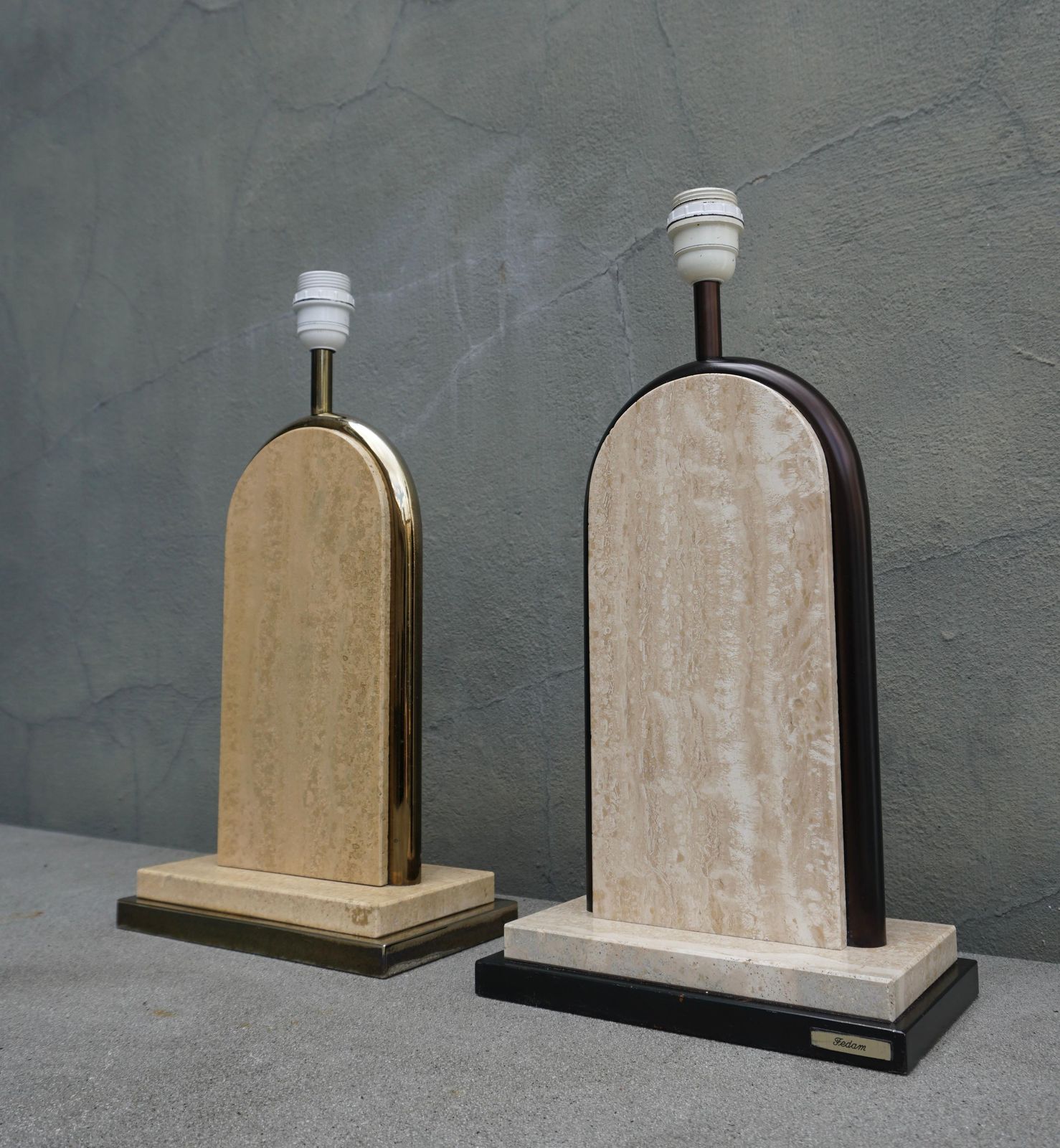 Pair Of Belgian Beige Travertine And Gilt Metal Table Lamps, Belgium 1970's photo for sale