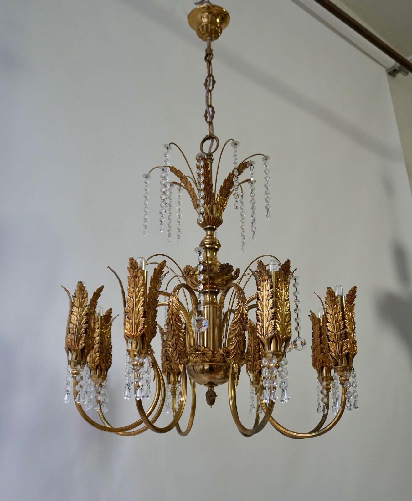 Gilt Palm Leaf Hollywood Regency Chandelier With Crystal photo for sale