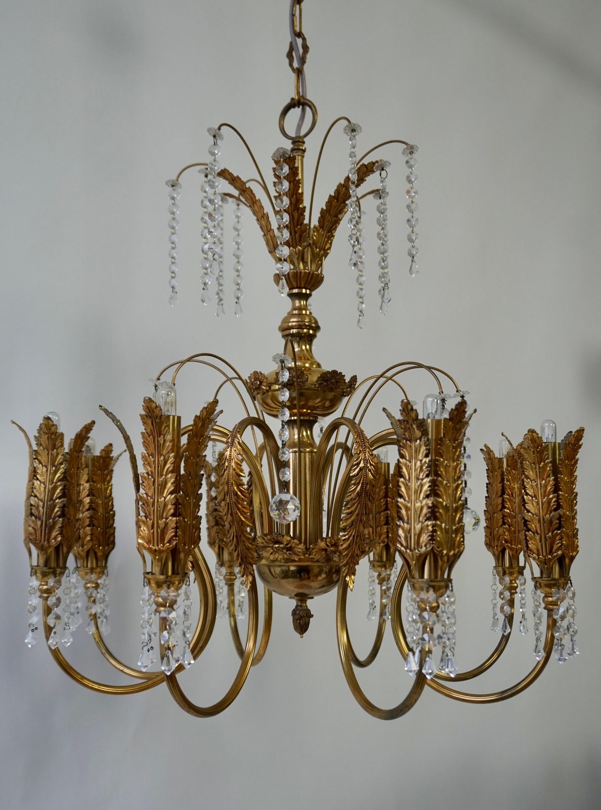 Lighting Gilt Palm Leaf Hollywood Regency Chandelier With Crystal photo