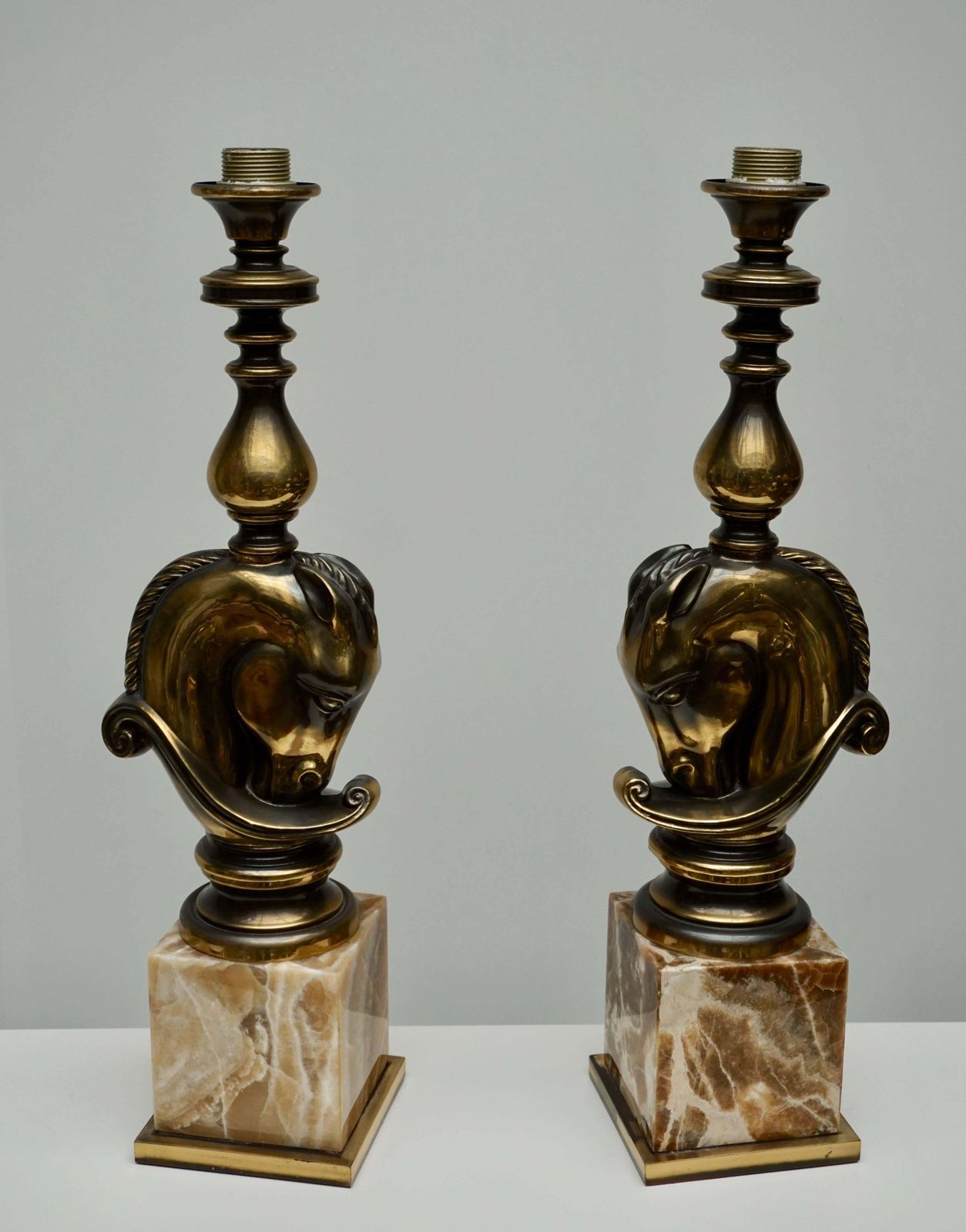 Maison Charles, Pair Of Large Brass And Marble Horse Lamps photo vintage
