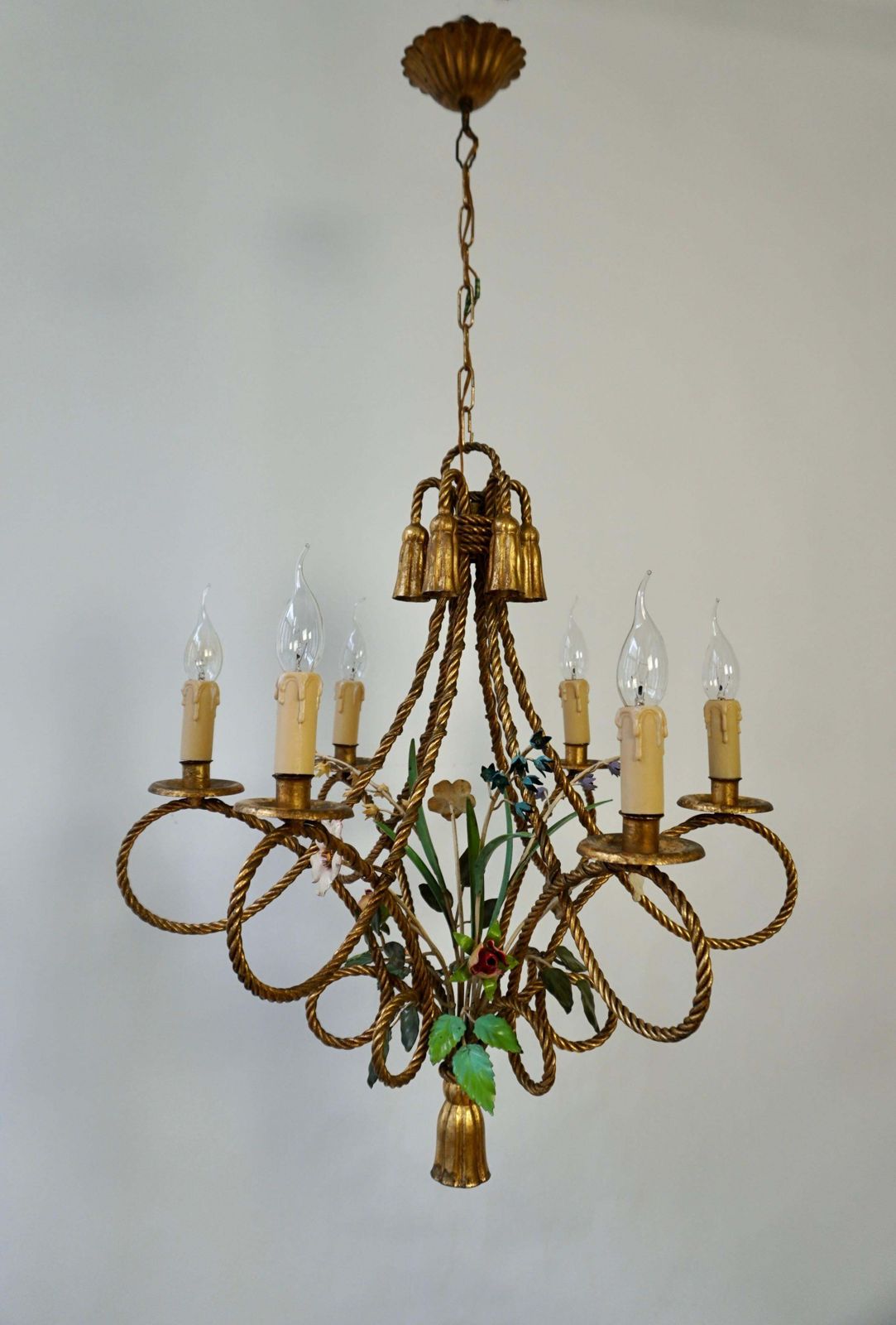 2 Italian Tole Flower Hollywood Regency Chandelier Florentine, 1950s photo Lighting