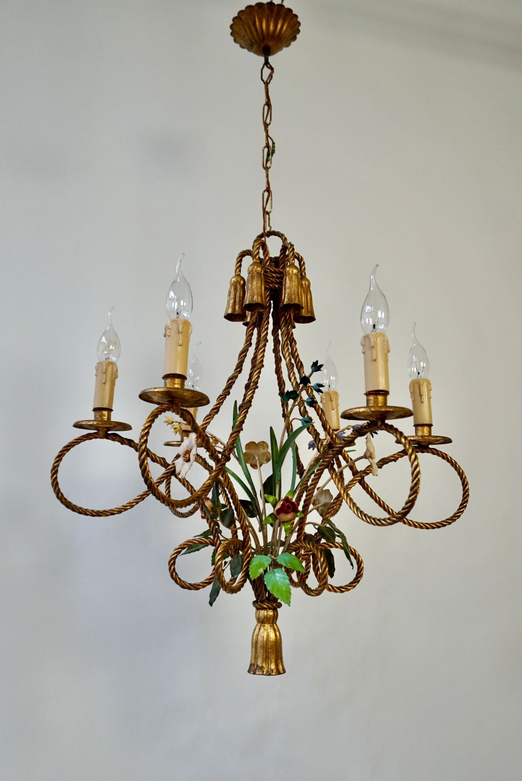 2 Italian Tole Flower Hollywood Regency Chandelier Florentine, 1950s photo 2760.0