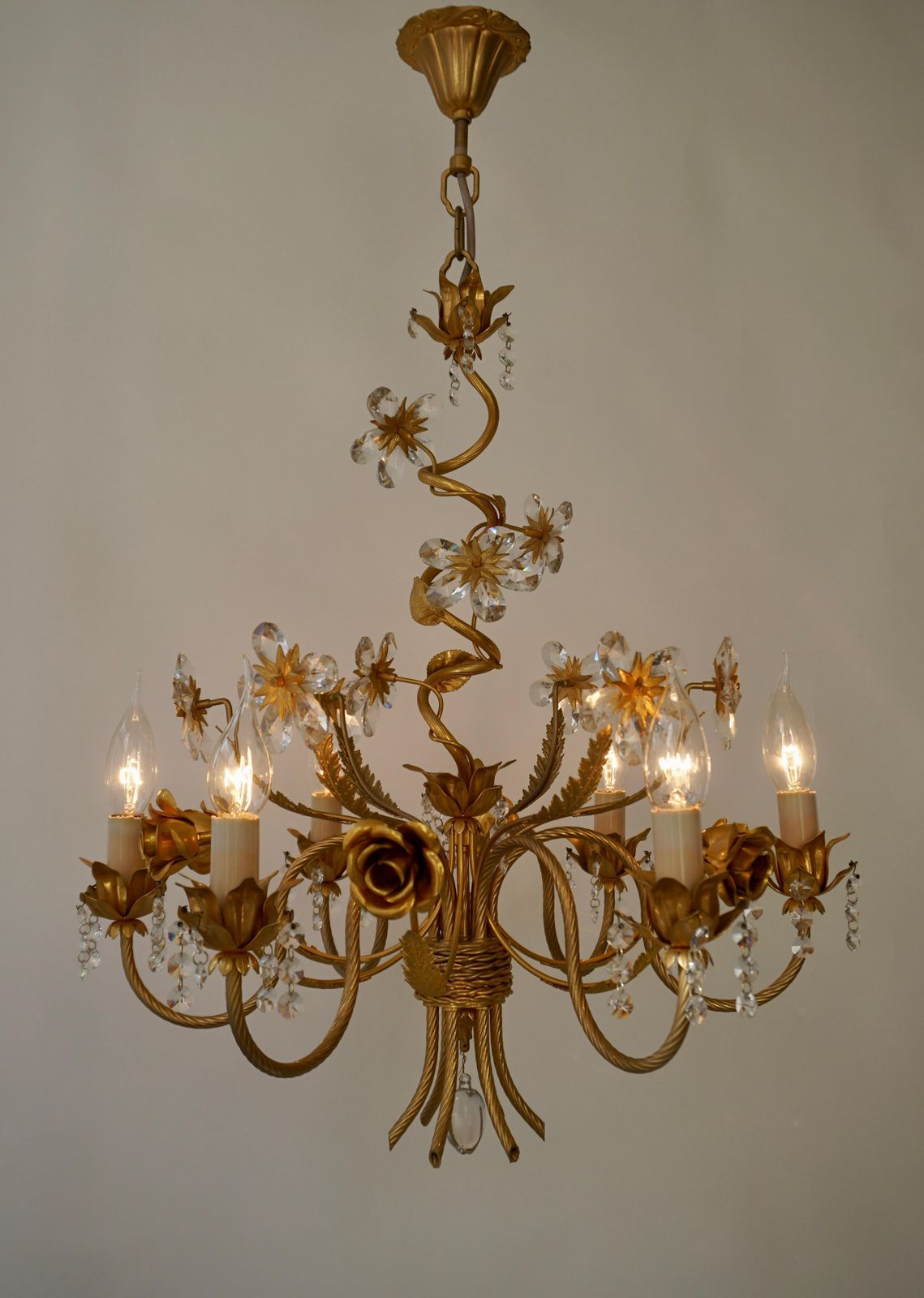 Hollywood Regency Chandelier With Gilded Roses And Crystal Flowers photo for sale