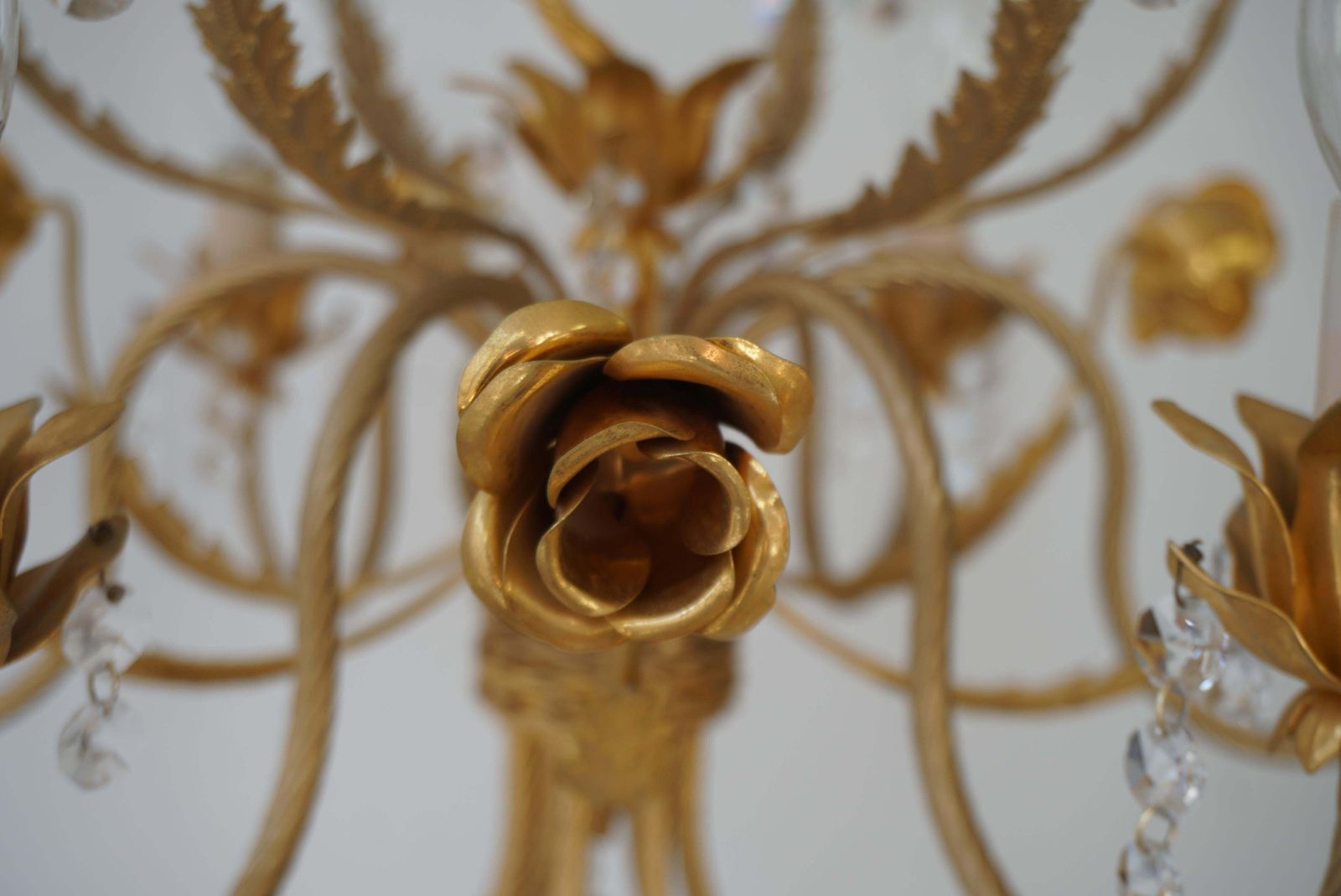 photo for sale Hollywood Regency Chandelier With Gilded Roses And Crystal Flowers