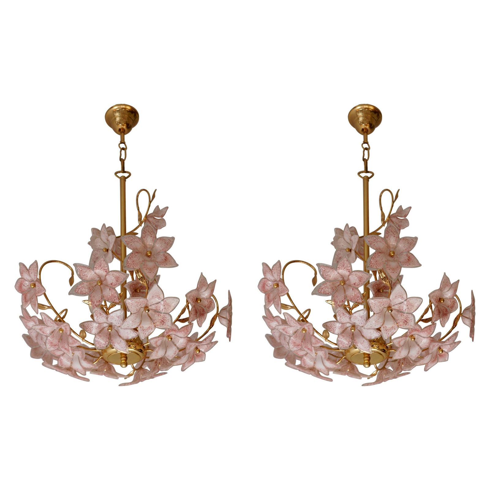 Set Of 2 Italian Brass Chandeliers With White Pink Colored Murano Glass Flowers