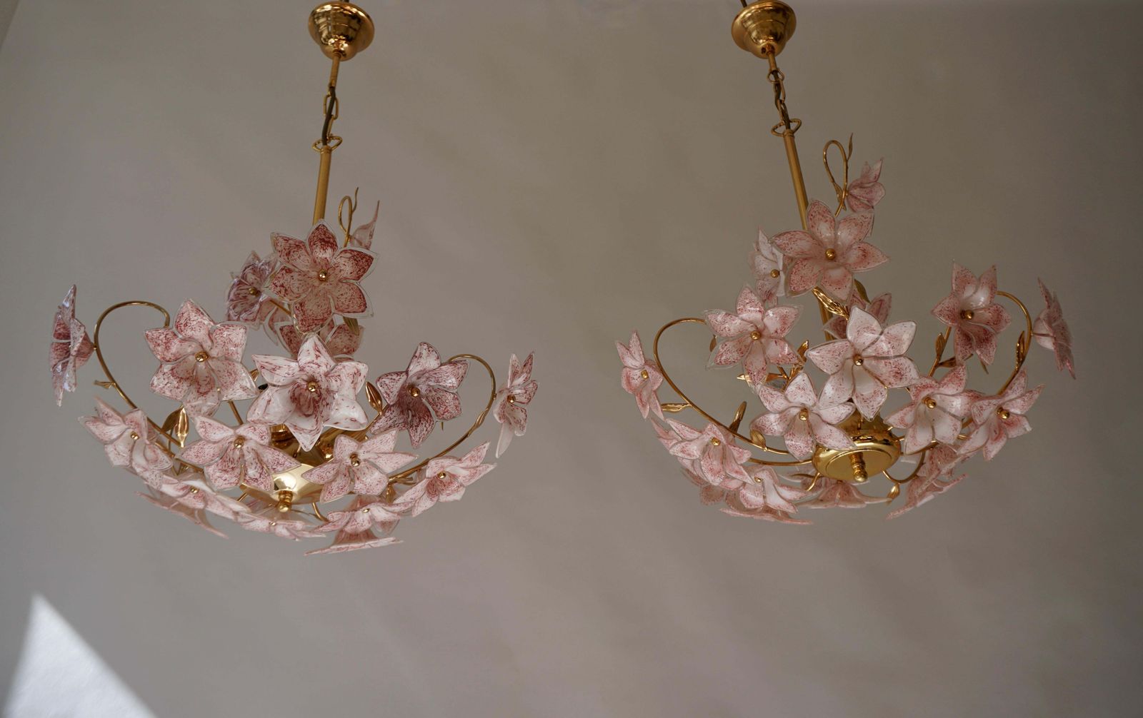 Set Of 2 Italian Brass Chandeliers With White Pink Colored Murano Glass Flowers photo furniture