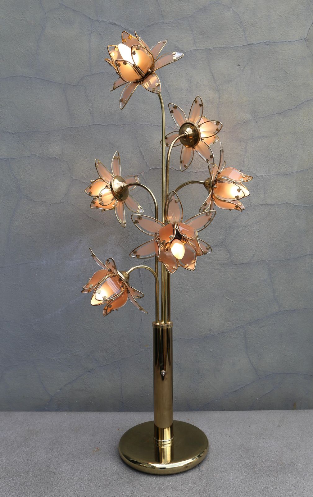 Hollywood Regency Glass And Brass 6 Arm Tulip Lotus Lamp 1970s photo furniture