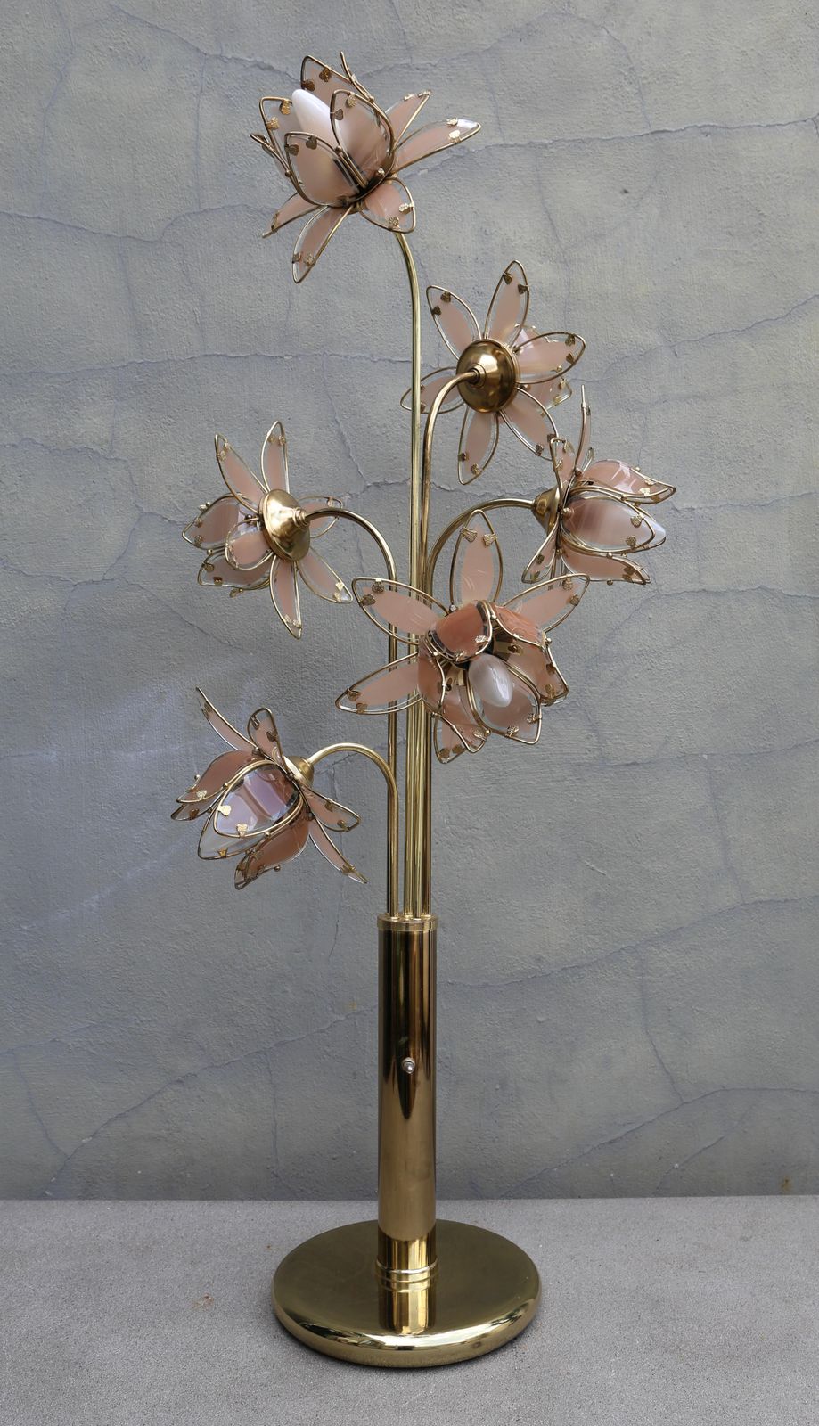 Hollywood Regency Glass And Brass 6 Arm Tulip Lotus Lamp 1970s photo for sale