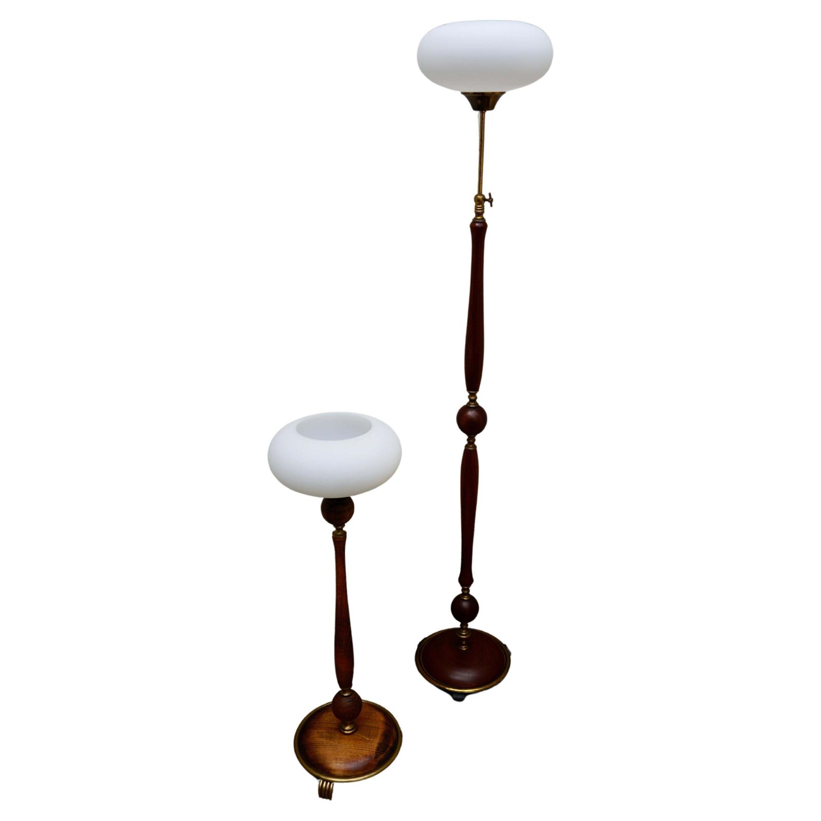 Lighting Adjustable Floor Lamp And Table Lamp Set In Wood And Brass With Glass Shades photo