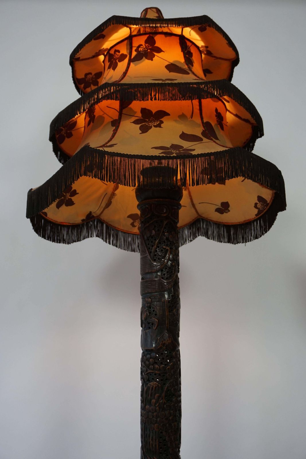 1920s Fine Antique Chinese Carved Floor Lamp With Pagoda Shade photo vintage