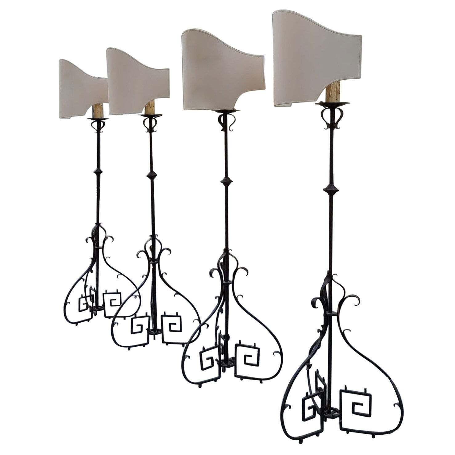 Four Antique Wrought Iron Art Deco Castle Monastery Floor Lamps Or Candlestick