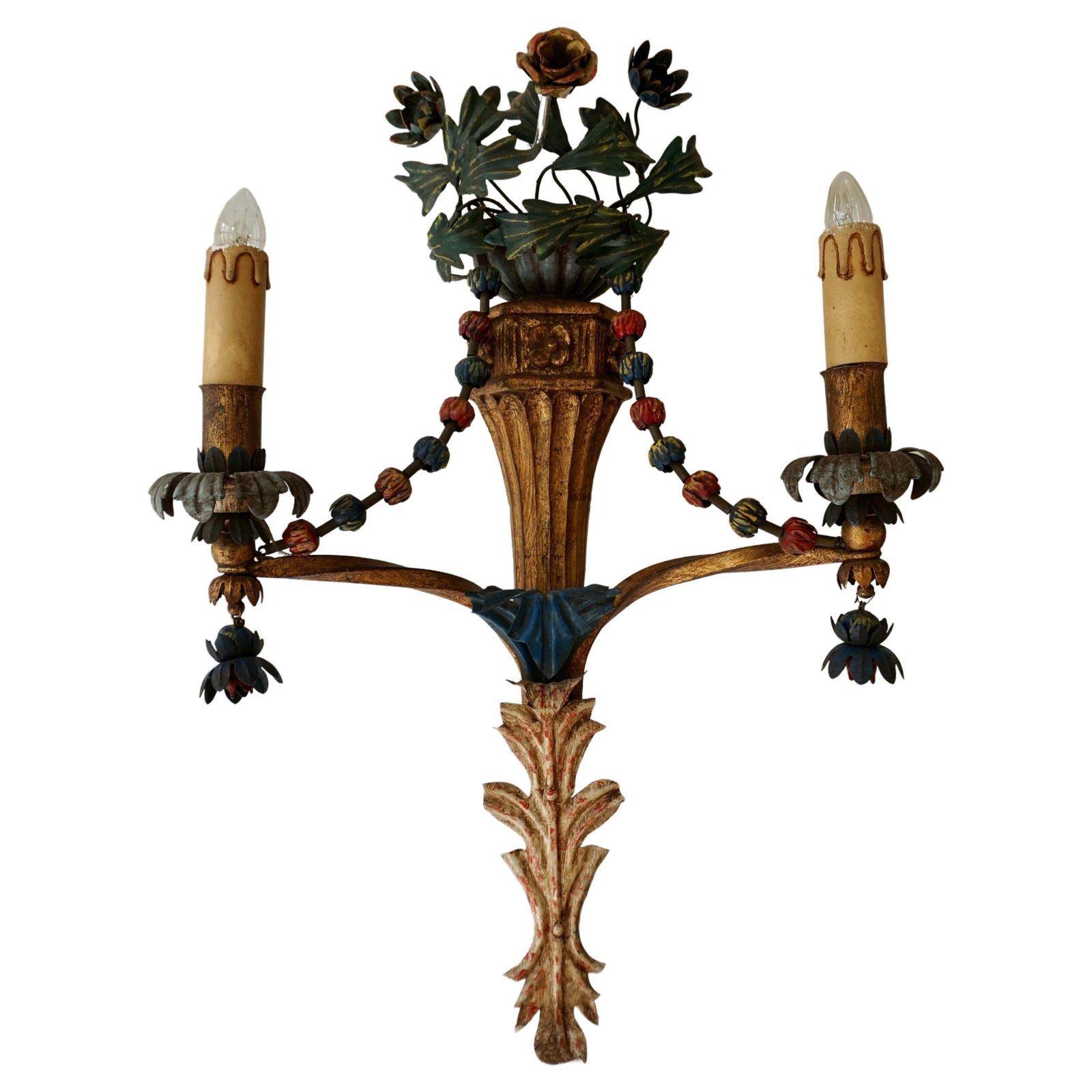 Four Italian Midcentury Tole Floral Vintage Wall Sconces With Painted Flowers