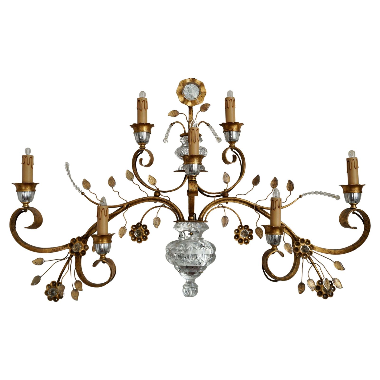 Gilded Metal Leaf And Glass Flower Wall Sconce Light Fixture