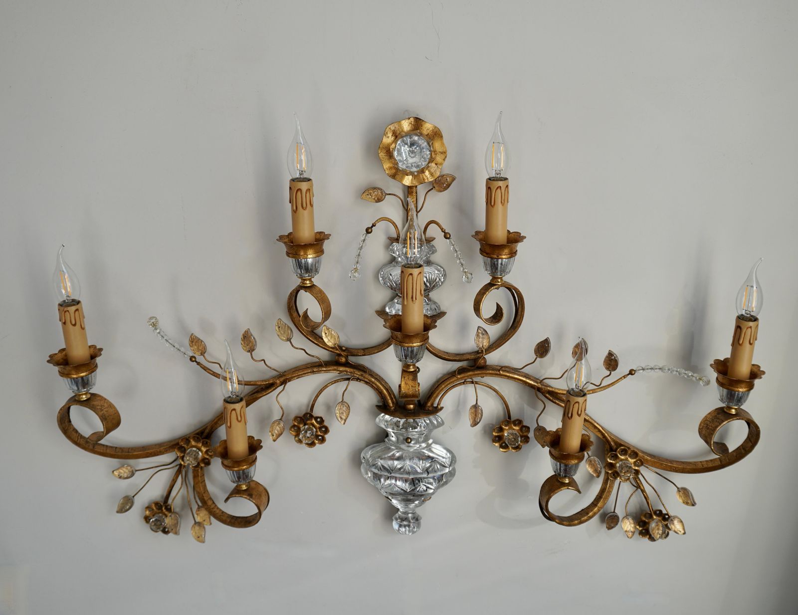 Lighting Gilded Metal Leaf And Glass Flower Wall Sconce Light Fixture photo
