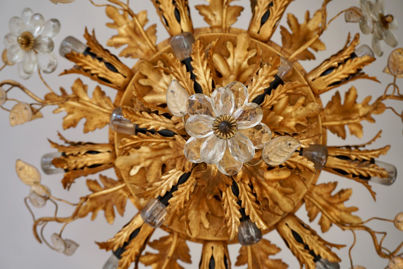 Gilt Metal Leaf Sunburst Flush Mount Lamp With Glass Flowers, Italy, 1960s photo 1698.0