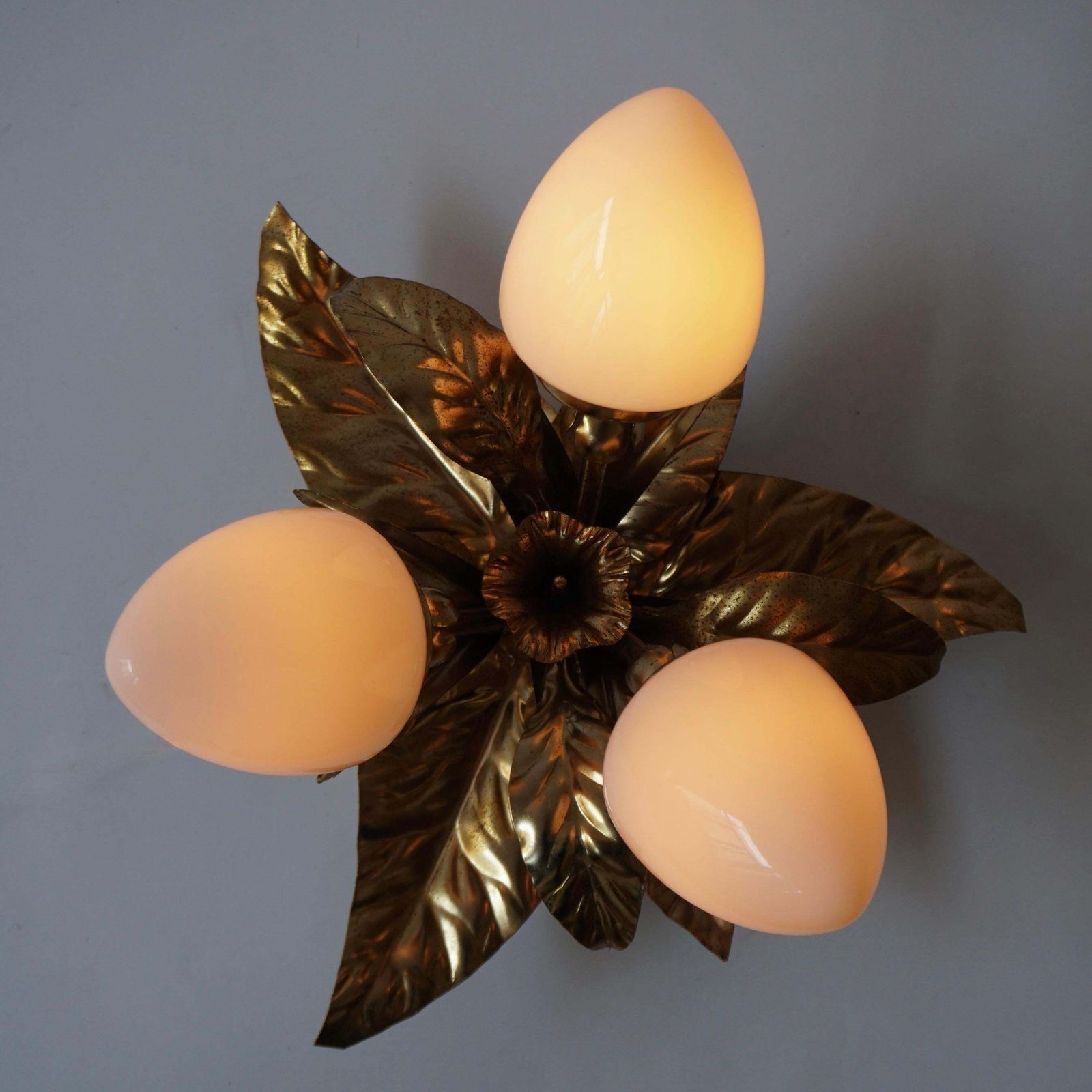 One Of Two Brutalist Sunburst Flower Light Fixtures In Gilt Metal photo vintage