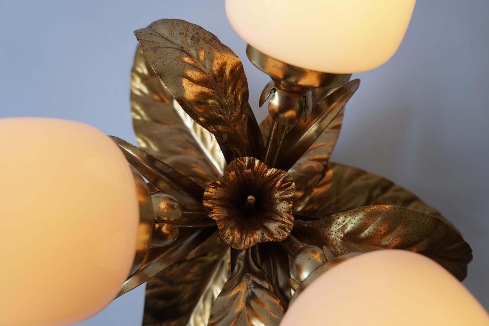 photo for sale One Of Two Brutalist Sunburst Flower Light Fixtures In Gilt Metal