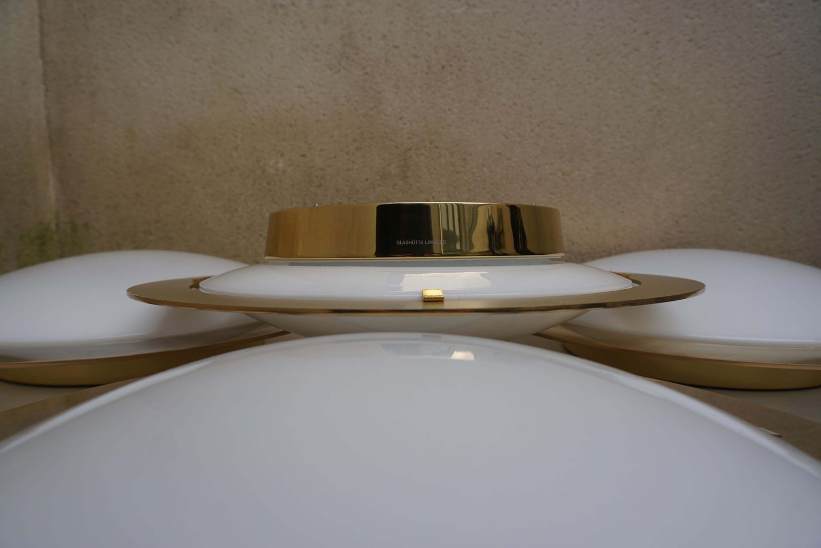 photo for sale One Of Four Limburg Flush Mount Or Wall Lights, Brass Opal Glass, 1970s