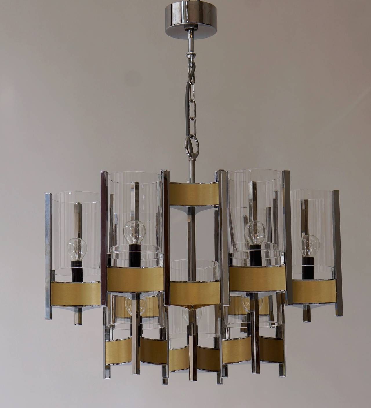 Set Of Four Nine Light Chrome And Glass Chandeliers By Gaetano Sciolari, 1970s photo for sale