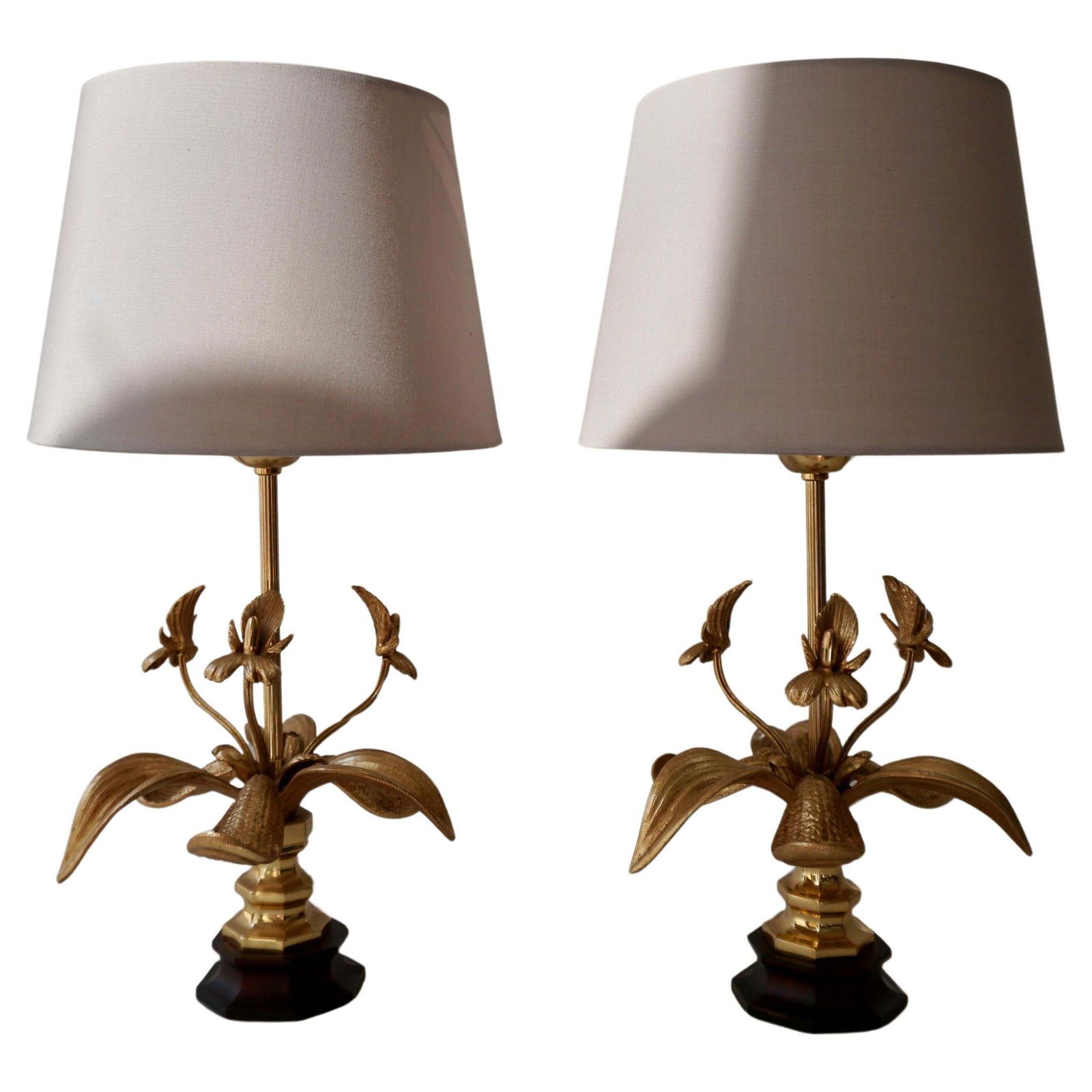 Pair Of Gilt Orchid Table Lamps, France, 1970s