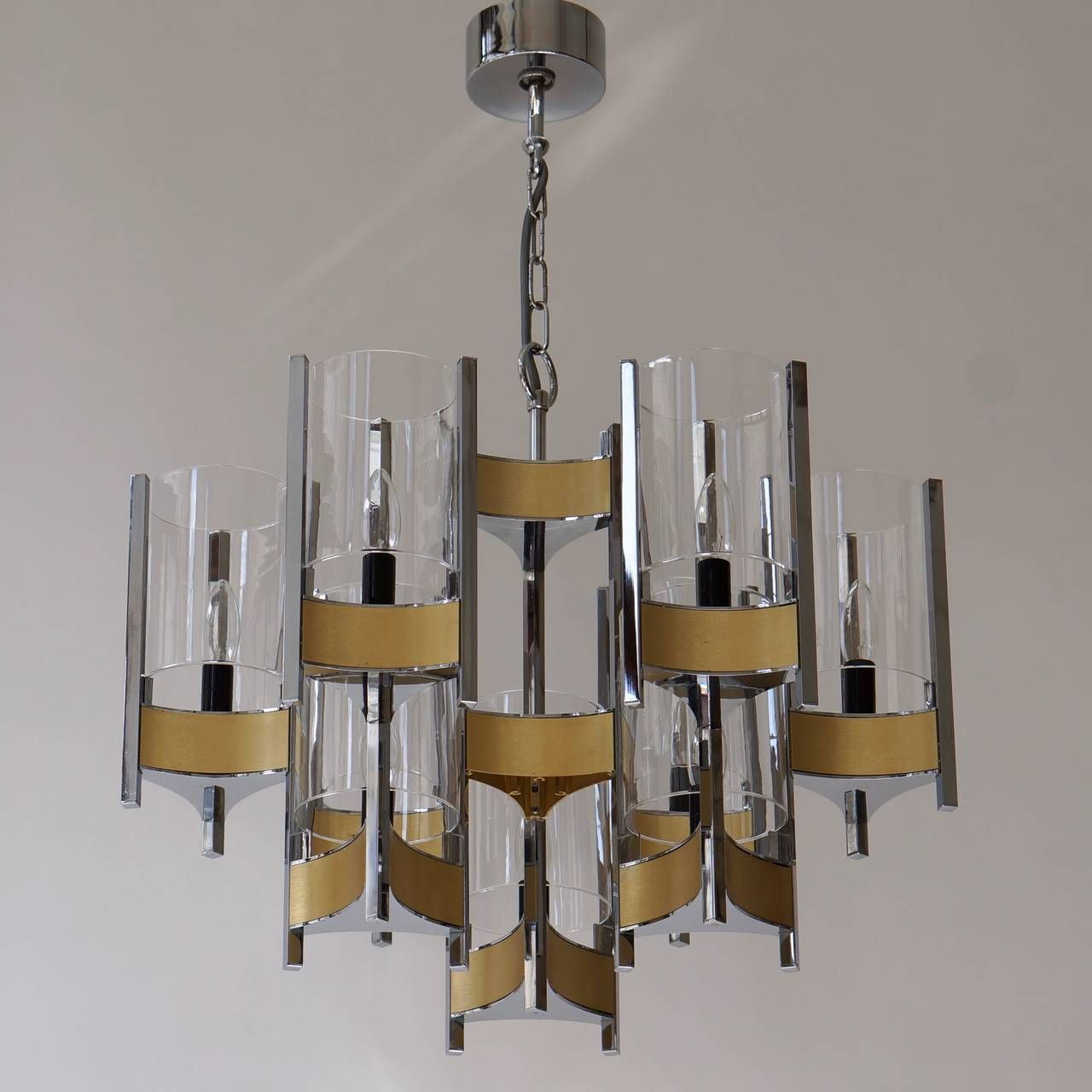 Set Of Four Nine Light Chrome And Glass Chandeliers By Gaetano Sciolari, 1970s photo vintage
