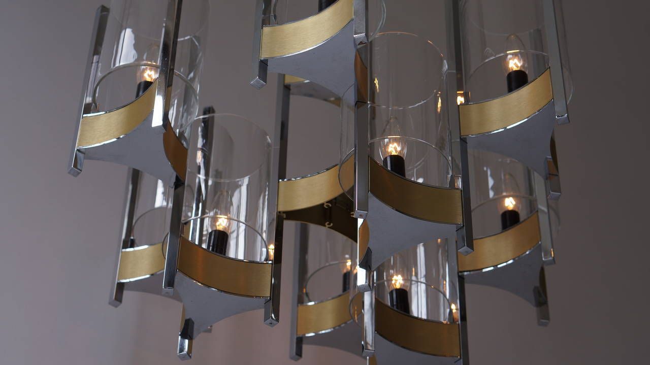 photo for sale Set Of Four Nine Light Chrome And Glass Chandeliers By Gaetano Sciolari, 1970s
