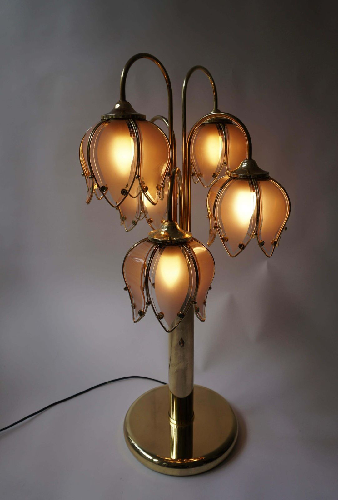 Hollywood Regency Glass And Brass 5 Arm Tulip Lotus Lamp 1970s photo for sale