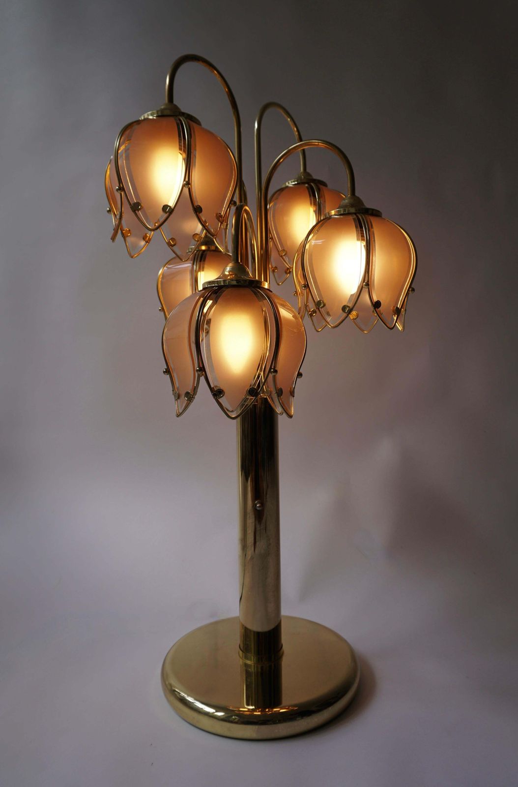 Hollywood Regency Glass And Brass 5 Arm Tulip Lotus Lamp 1970s photo Lighting