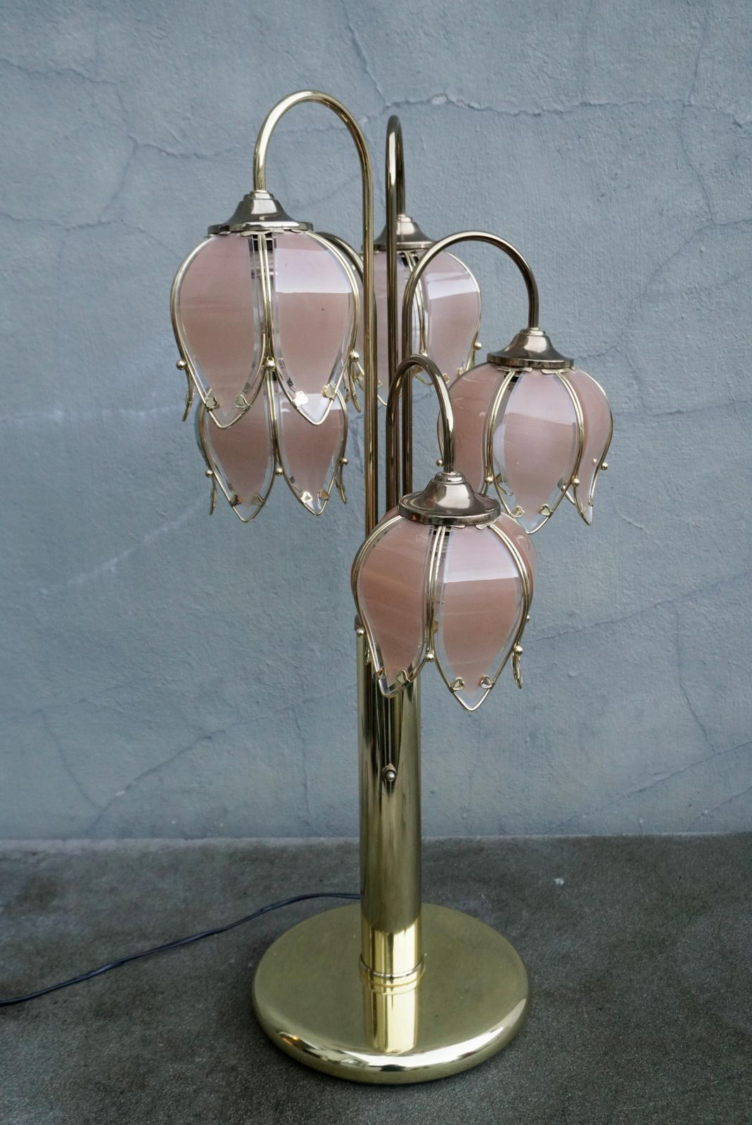 Mid Century Modern Glass And Brass 5 Arm Lotus Lamp 1970s photo for sale