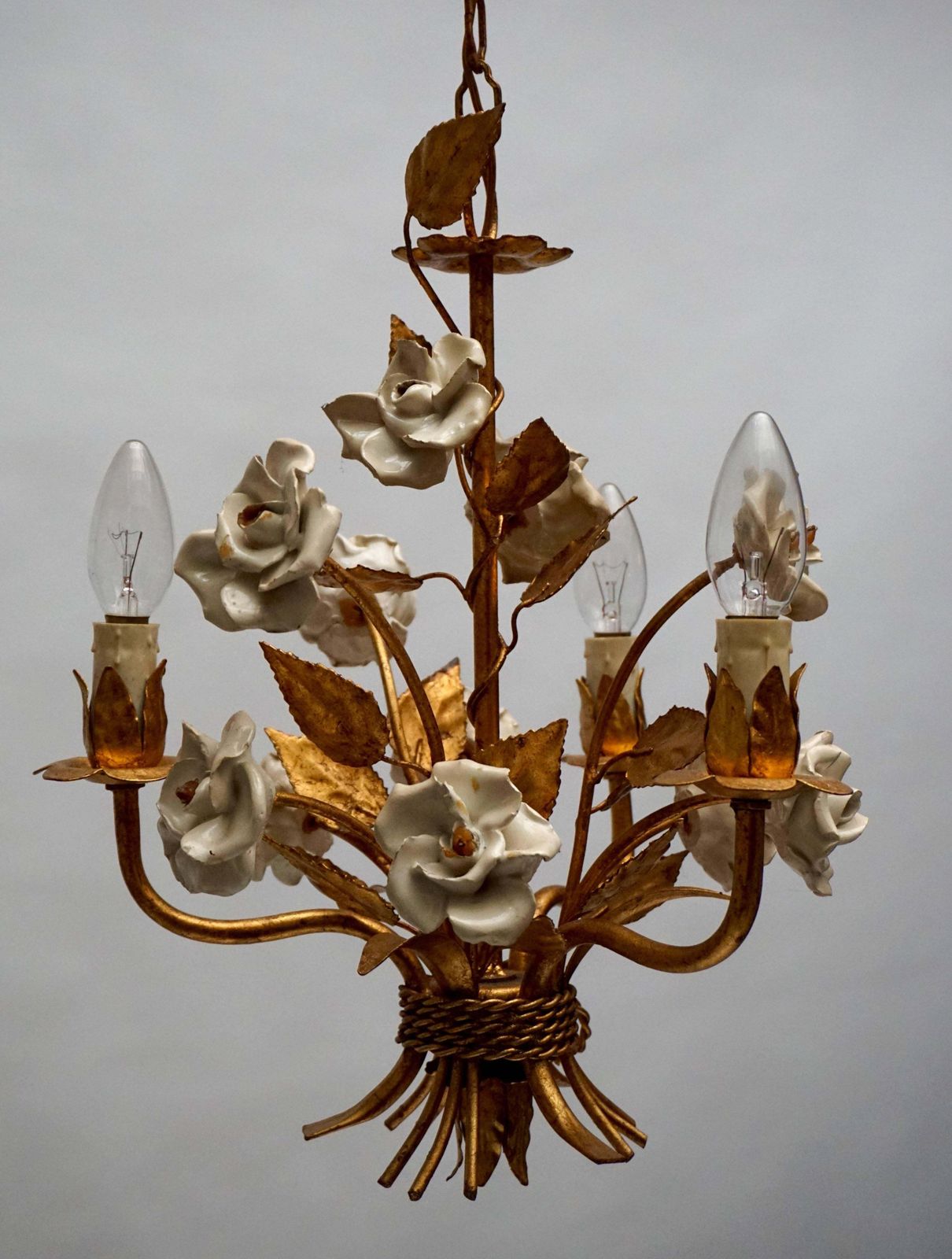 One Of Two French Gilt Metal Chandeliers With Porcelain Flowers photo for sale
