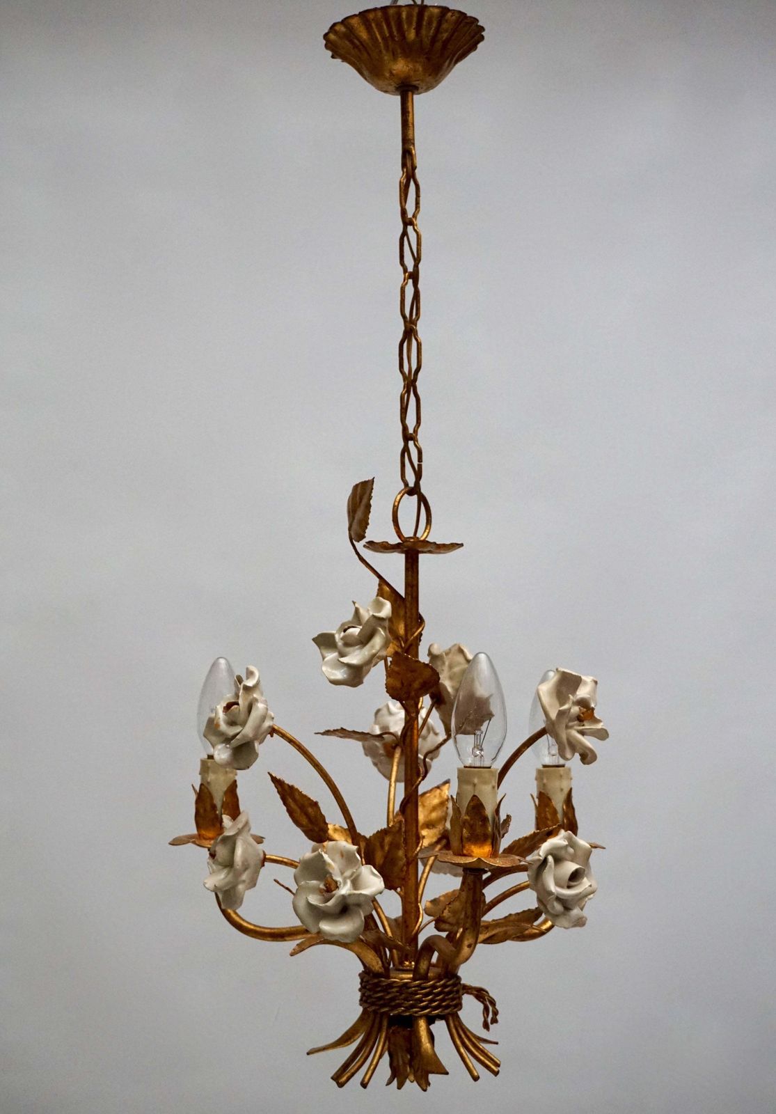 One Of Two French Gilt Metal Chandeliers With Porcelain Flowers photo Lighting