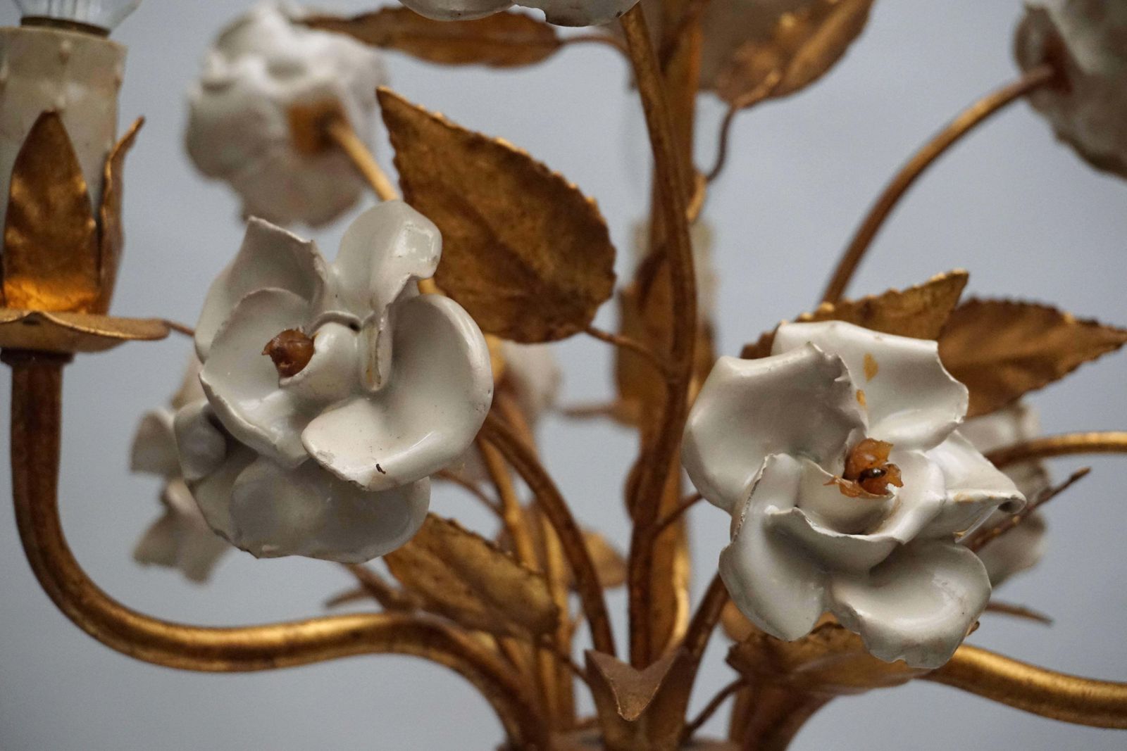 One Of Two French Gilt Metal Chandeliers With Porcelain Flowers photo vinterior