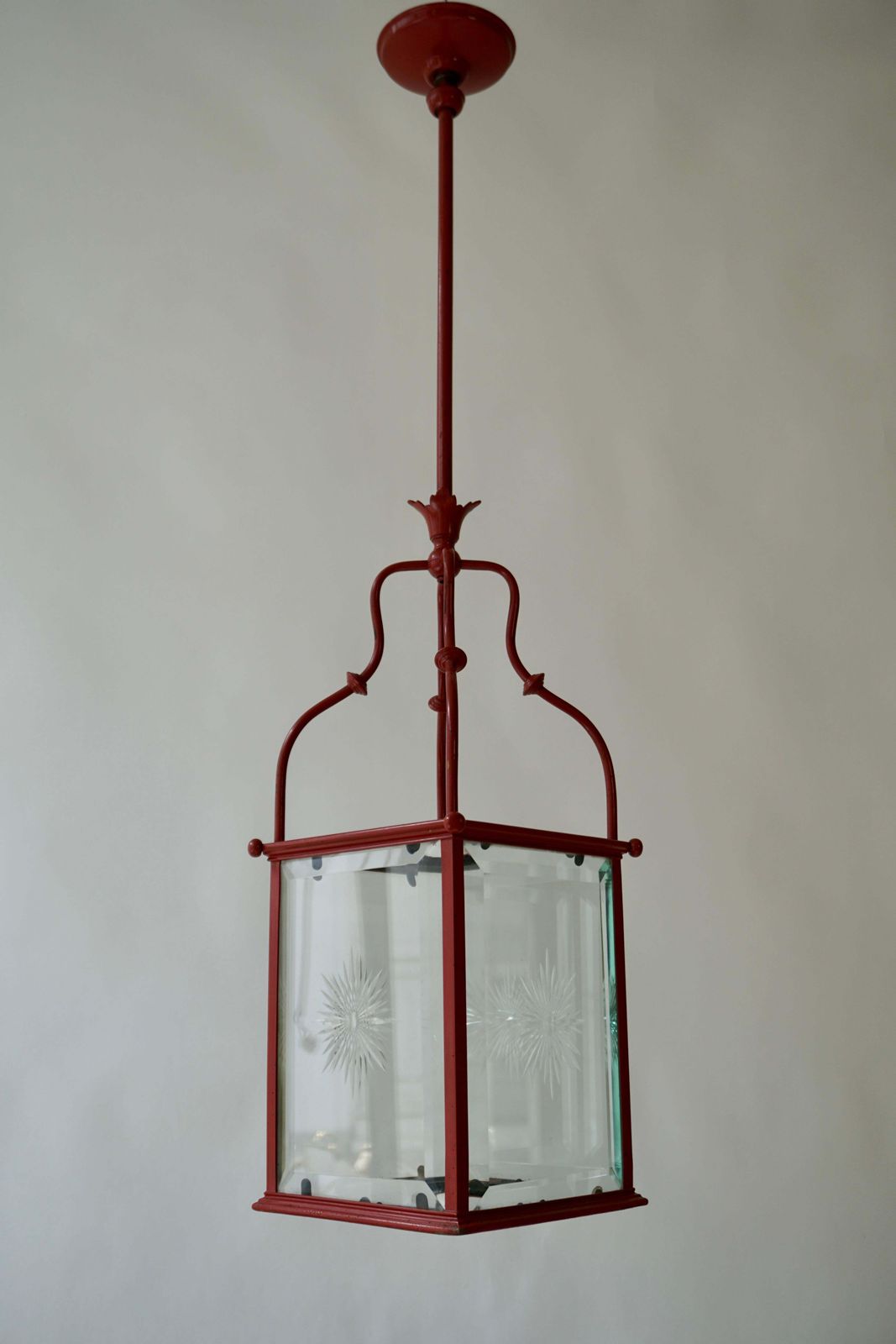 An Italian Red Tole Metal Lantern With Cut Glass, Early 20th C. photo for sale
