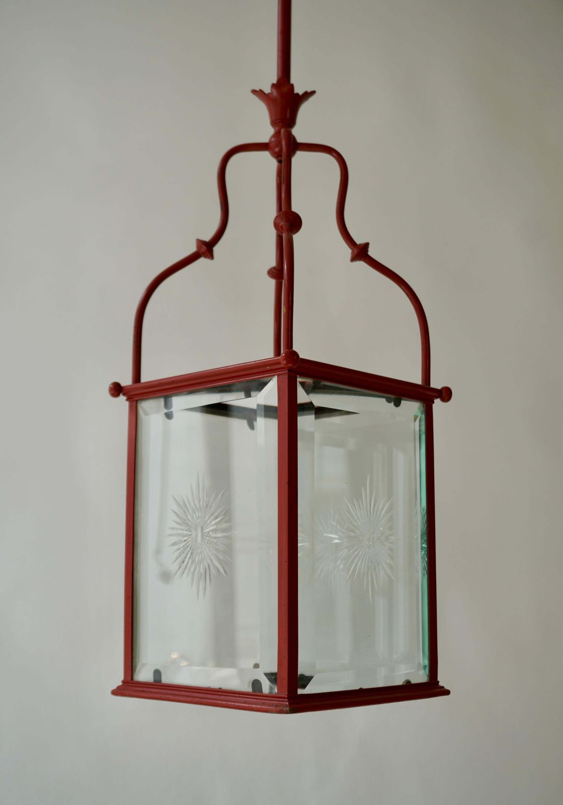An Italian Red Tole Metal Lantern With Cut Glass, Early 20th C. photo Lighting