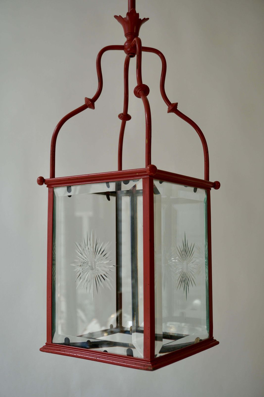 An Italian Red Tole Metal Lantern With Cut Glass, Early 20th C. photo vintage