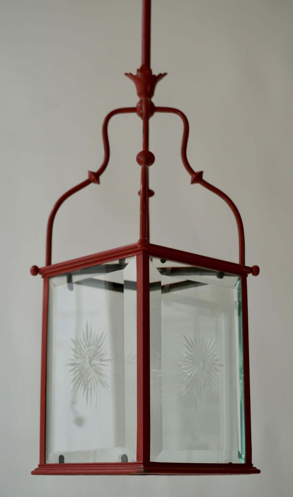 photo furniture An Italian Red Tole Metal Lantern With Cut Glass, Early 20th C.