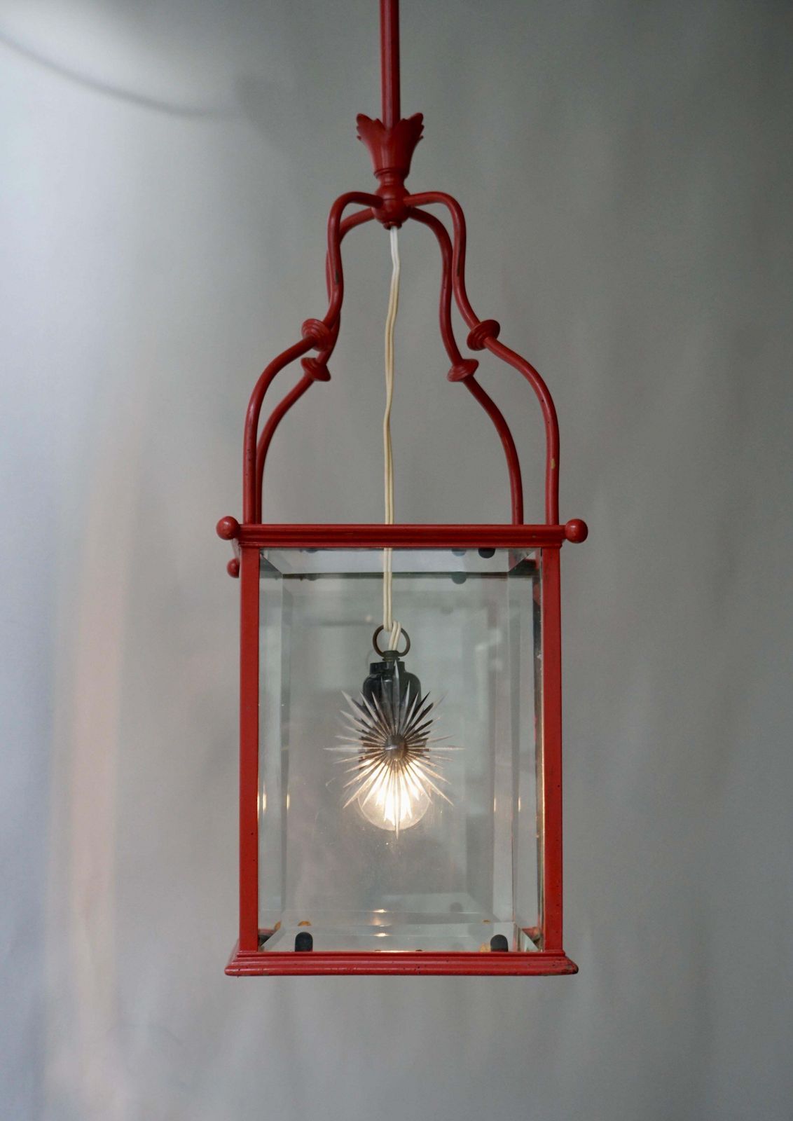 1444.0 An Italian Red Tole Metal Lantern With Cut Glass, Early 20th C. photo