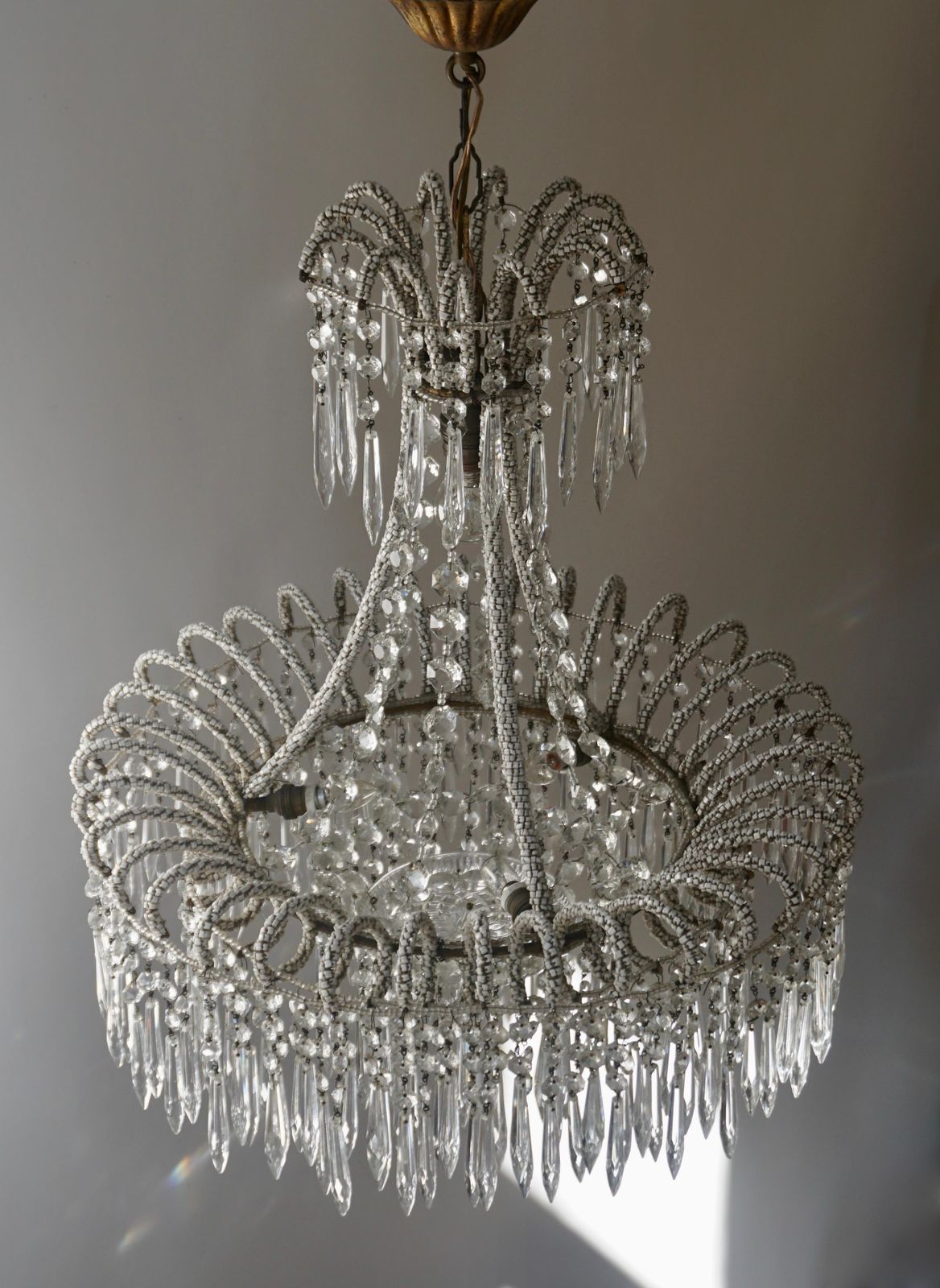 Rare Crystal Waterfall Chandelier Covered With Thousands White Murano Glasses photo vinterior