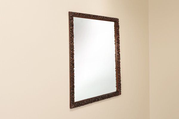 Large Baroque Hand Carved Oak Mirror, France, 1800s photo vintage