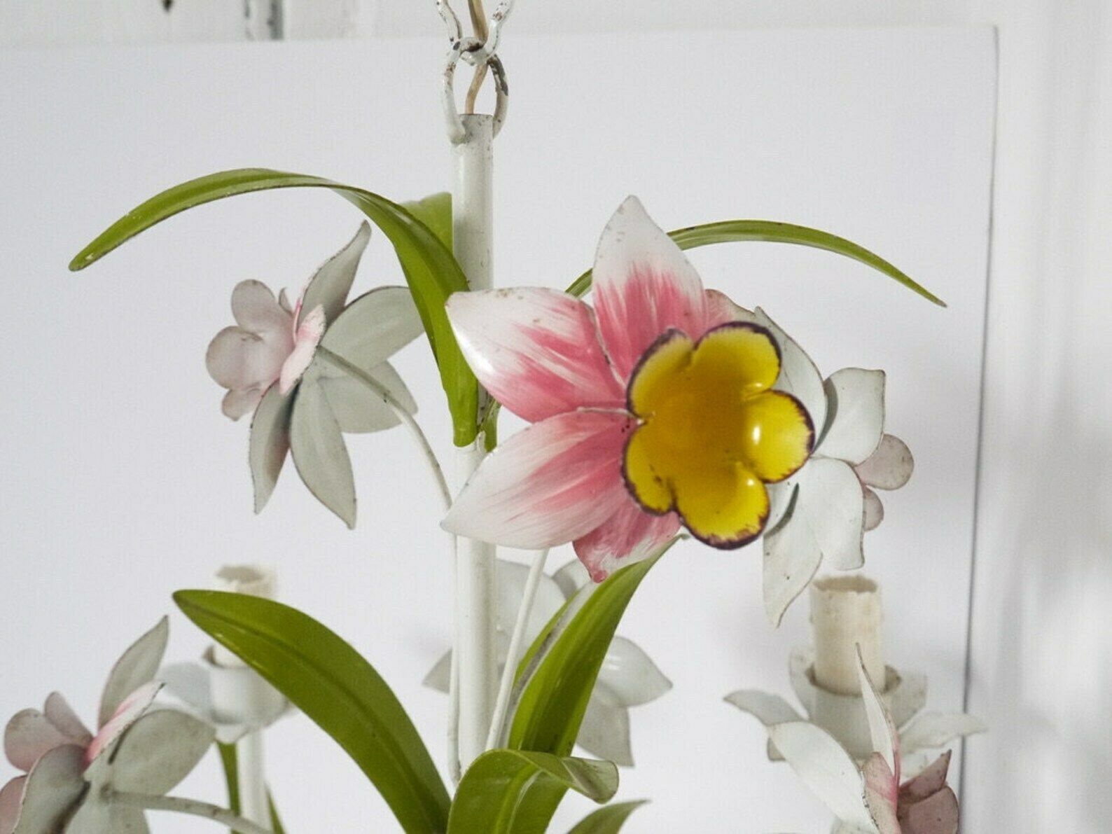 French Vintage Metal Chandelier Multicoloured Floral Bouquet Tole Tolex photo furniture