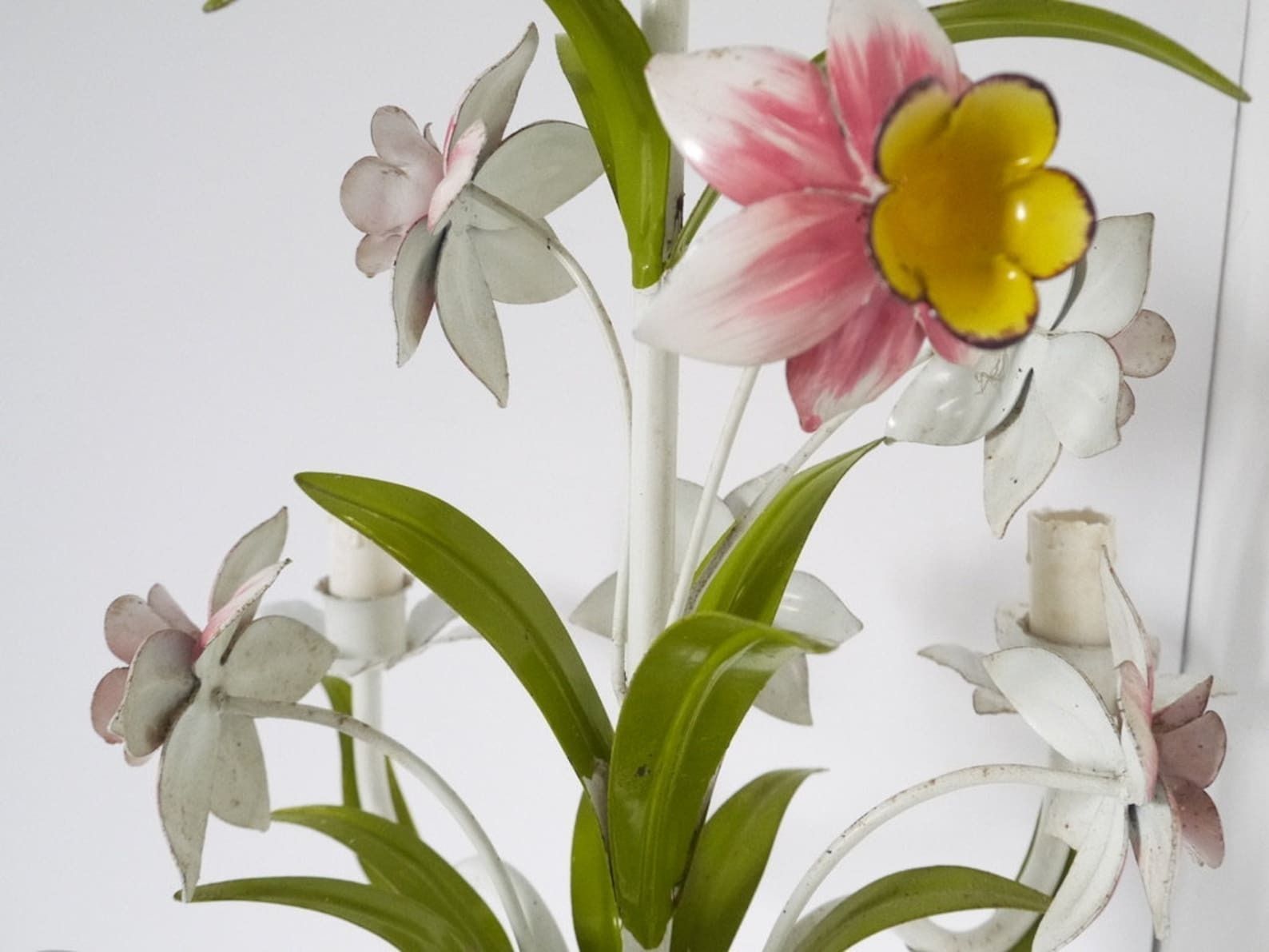 French Vintage Metal Chandelier Multicoloured Floral Bouquet Tole Tolex photo for sale