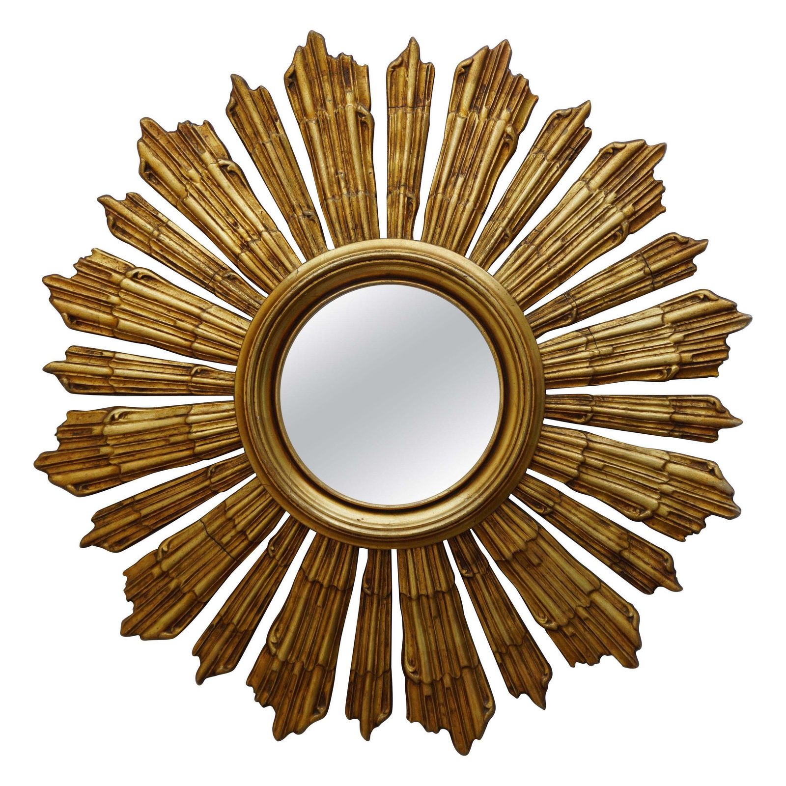 American Sunburst Gilt Carved Wood Bullseye Convex Wall Mirror, C. 1950s