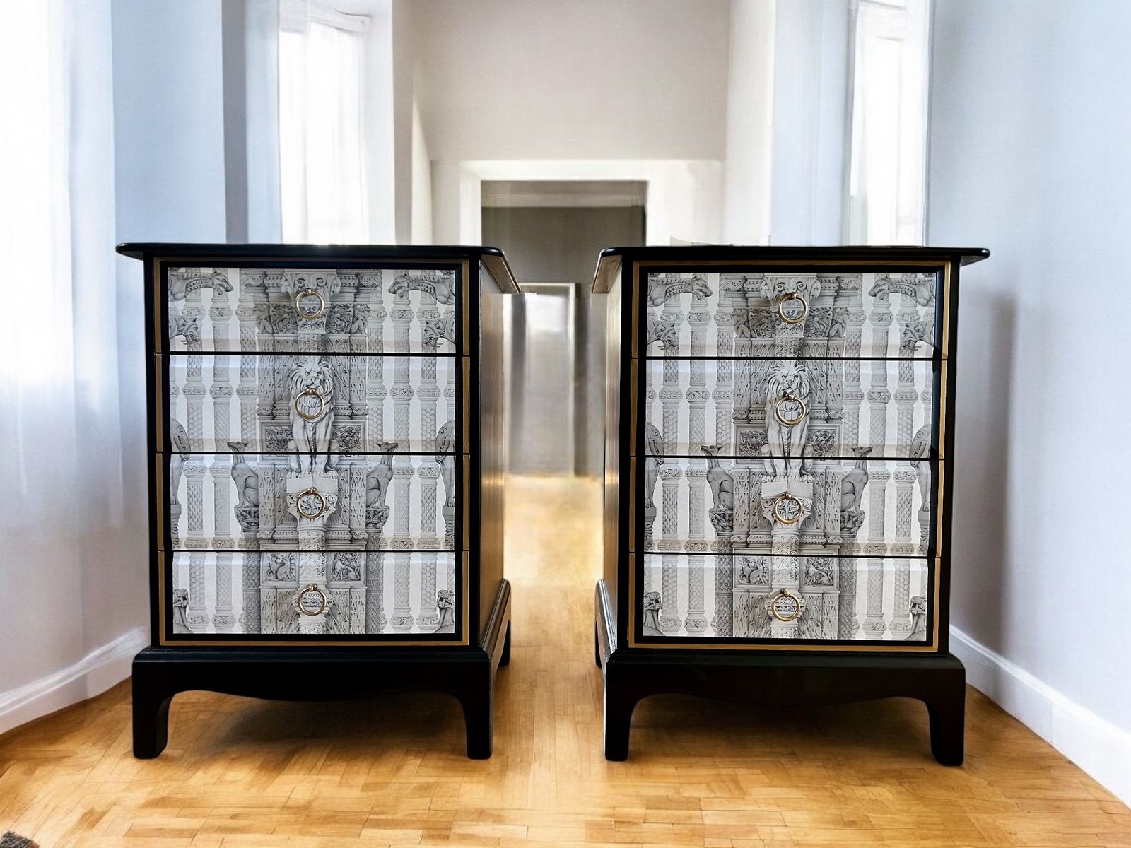 550.0 Midcentury Modern Solid Wood Bedside Drawers.  Stag Minstrel.  Handpainted With Decoupage.  Unique. photo